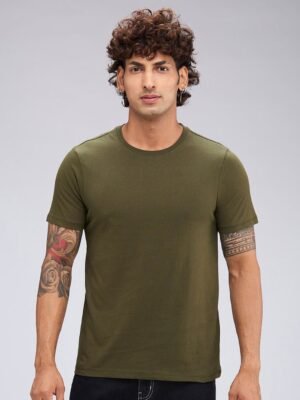 Men's Regular Fit Olive T-Shirt - Round Neck, Casual Wear